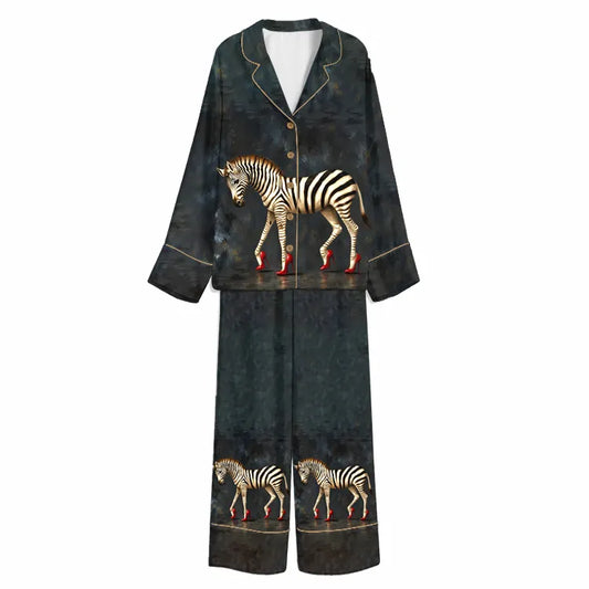 Tokyo-Mood High-Heeled Zebra Midnight Navy Unisex Long Sleeve Silky Satin Pajama Set