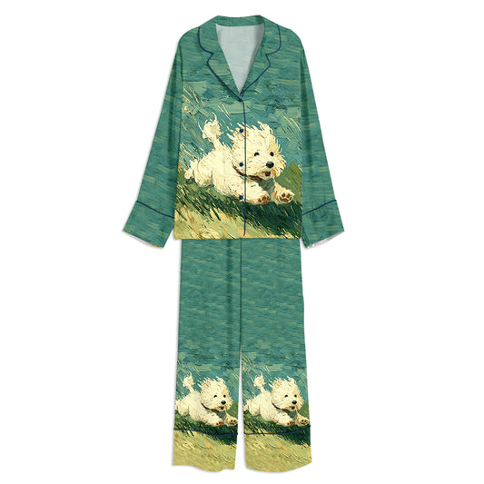 Tokyo-mood White Dog Running In Grass Unisex Long Sleeve Silky Satin Pajama Set