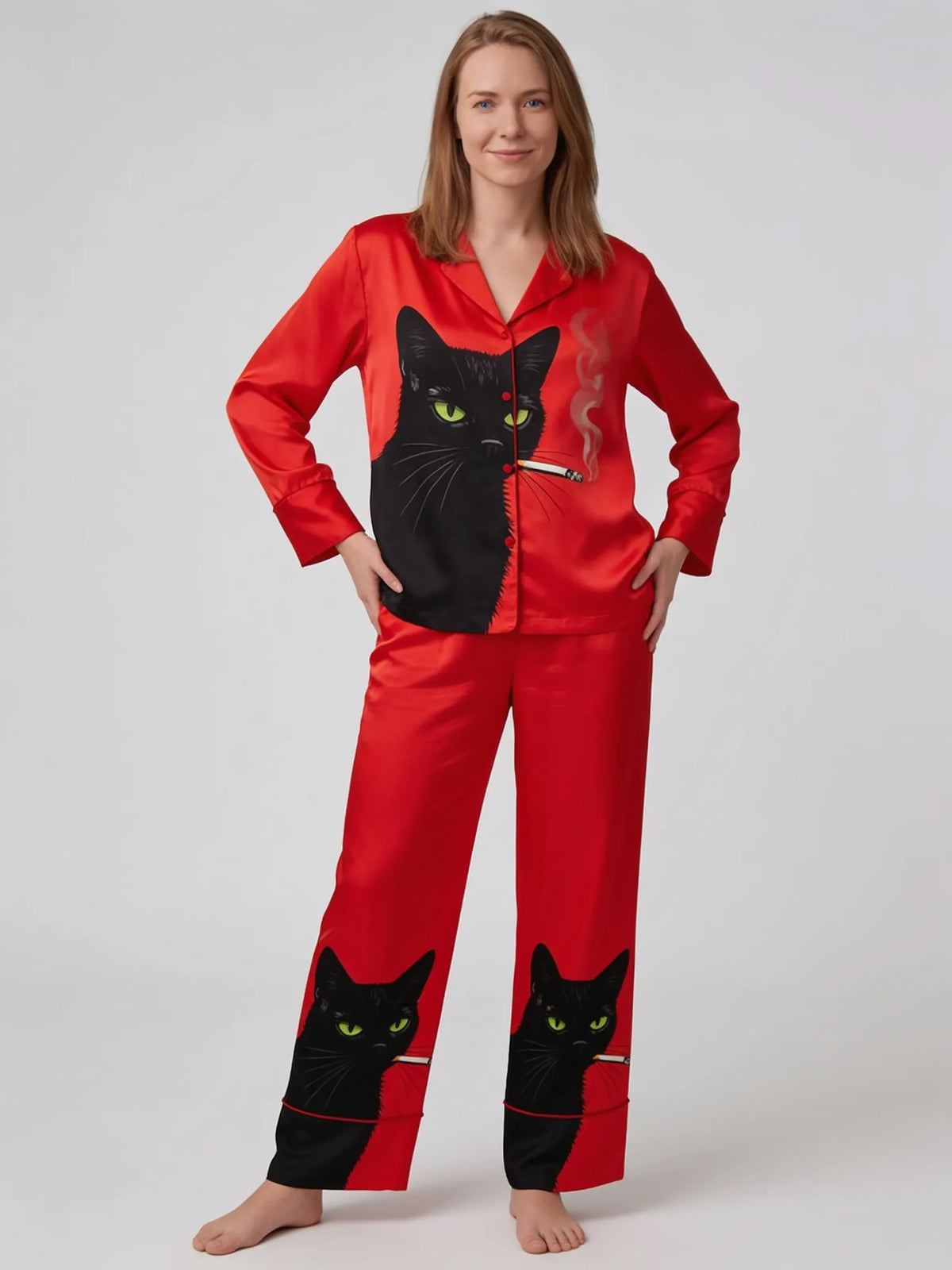 Vintage Black Cat Smoking Cat Art Unisex Long Sleeve Satin Pajama Set