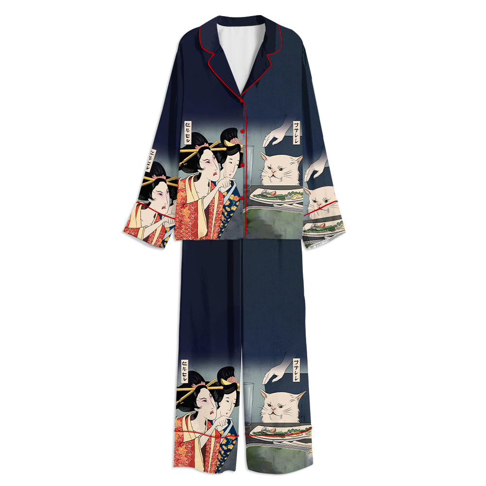 Woman Yelling At Cat Ukiyo-e Style Unisex Long Sleeve Silky Satin Pajama Set