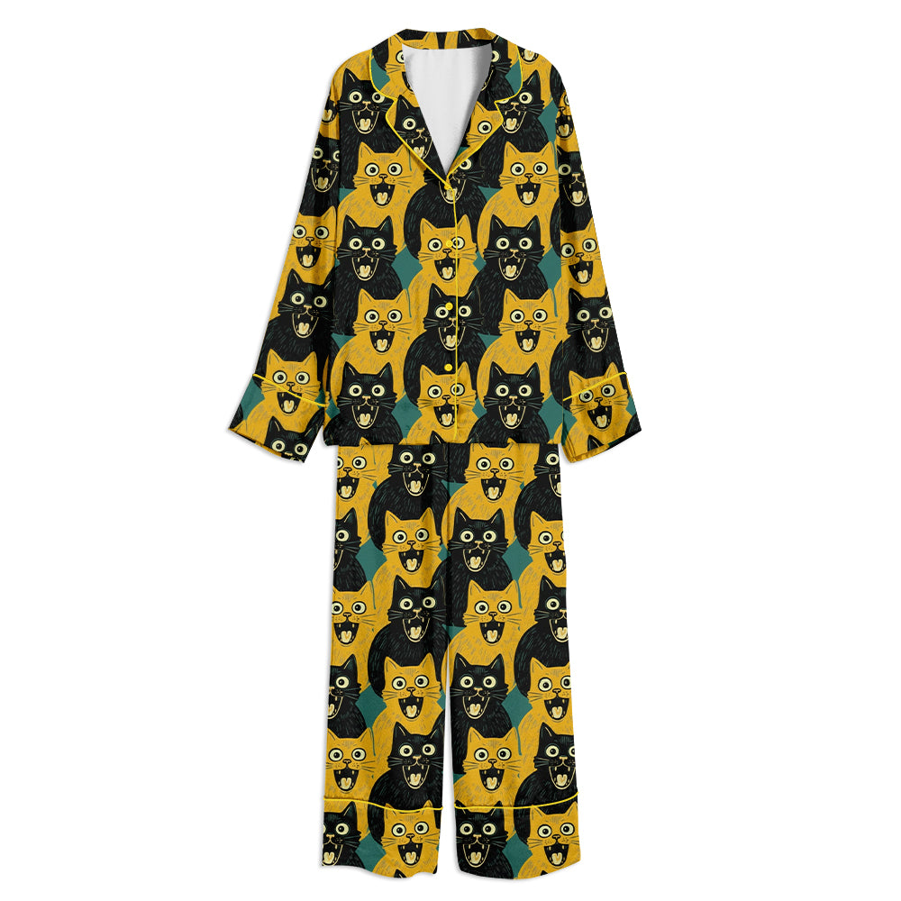 Yellow Cat And Black Cat Unisex Long Sleeve Satin Pajama Set