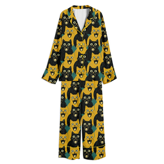 Yellow Cat And Black Cat Unisex Long Sleeve Satin Pajama Set
