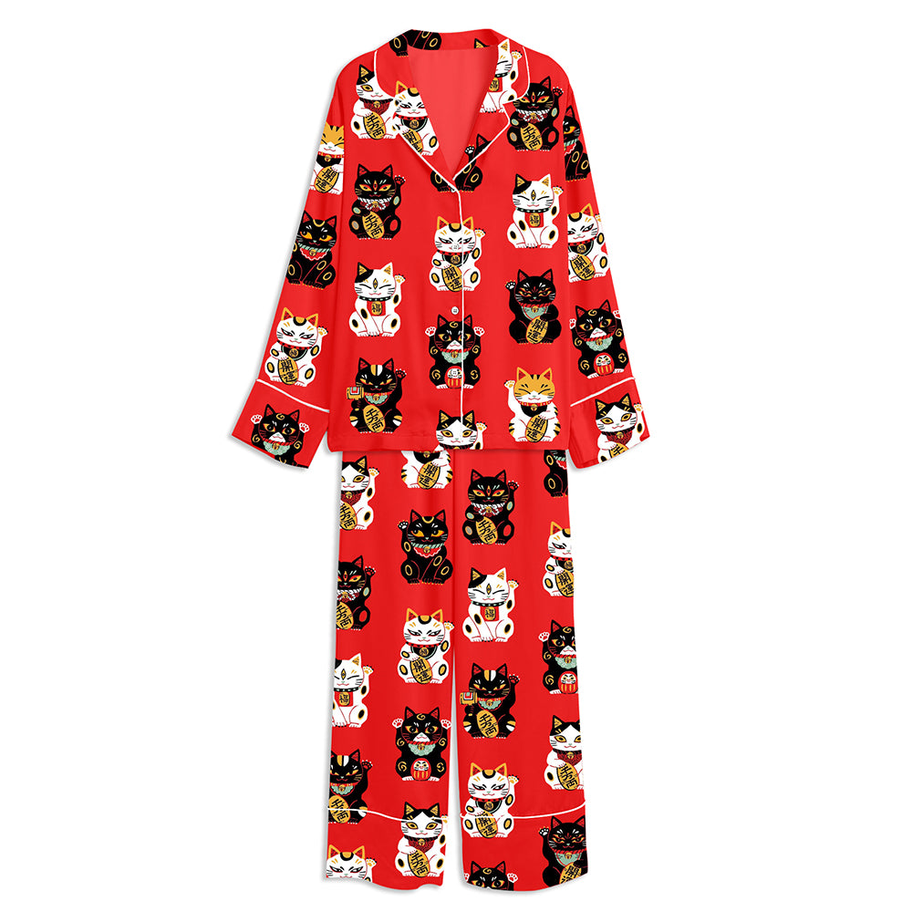 Red Fortune Maneki Neko Printed Unisex Long Sleeve Satin Pajama Set
