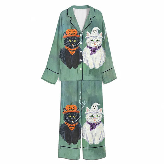 Tokyo-Mood Halloween Witchy Cat Companions Sage Green Unisex Long Sleeve Silky Satin Pajama Set