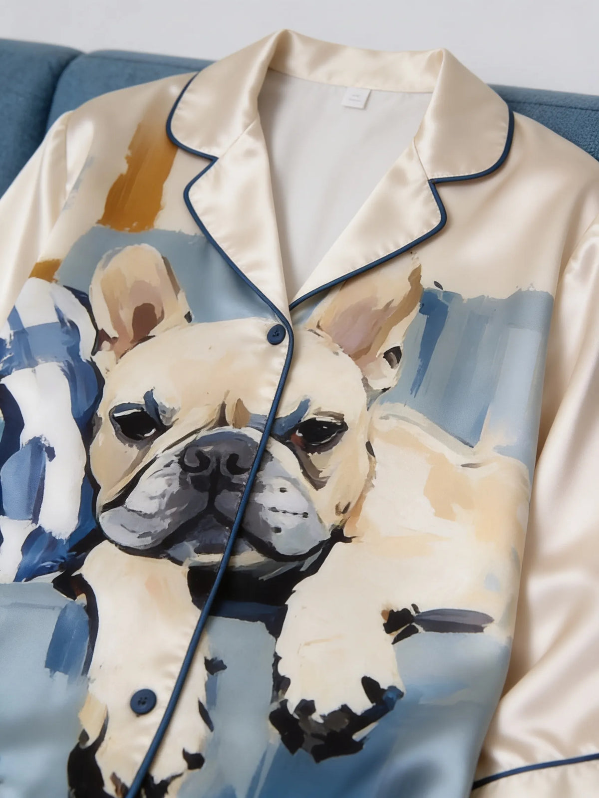 Tokyo-mood French Bulldog Oil Painting On Blue Sofa Unisex Long Sleeve Silky Satin Pajama Set
