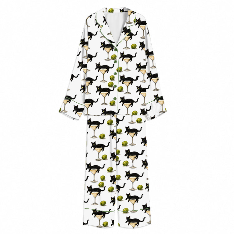 Tokyo-Mood Black Cat Martini Olive Pattern White Unisex Long Sleeve Silky Satin Pajama Set