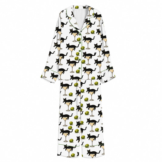 Tokyo-Mood Black Cat Martini Olive Pattern White Unisex Long Sleeve Silky Satin Pajama Set