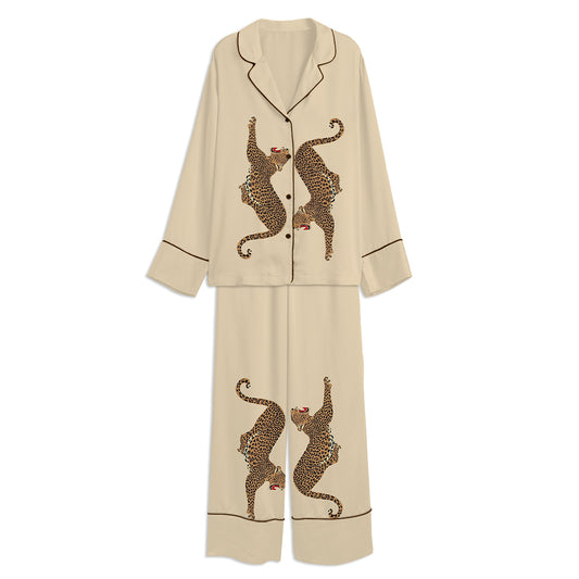 Stylish Leopard Cheetah Unisex Long Sleeve Satin Pajama Set