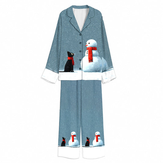 Tokyo-Mood Christmas Black Cat Snowman Friendship Slate Blue Unisex Long Sleeve Silky Satin Pajama Set