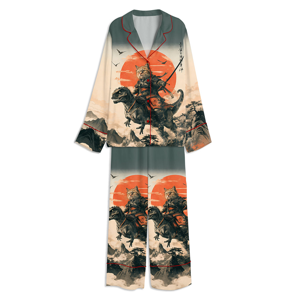 Japanese Samurai Cat Riding A Dinosaur Unisex Long Sleeve Satin Pajama Set