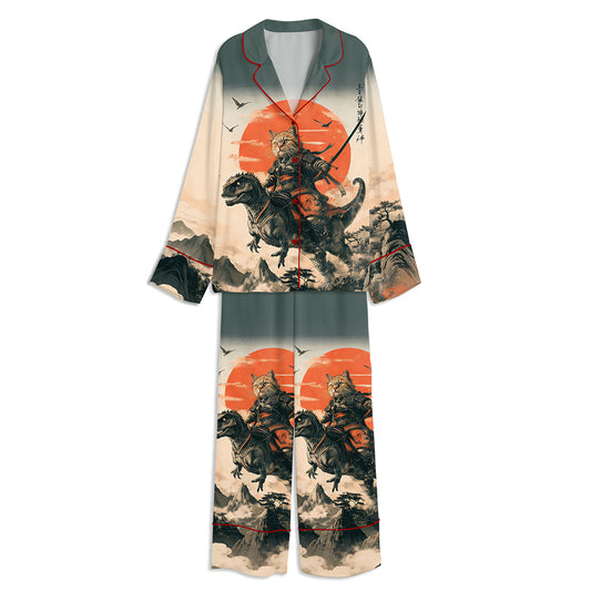 Japanese Samurai Cat Riding A Dinosaur Unisex Long Sleeve Satin Pajama Set