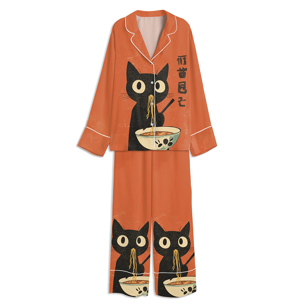 Hungry Black Cat Ramen Unisex Long Sleeve Satin Pajama Set