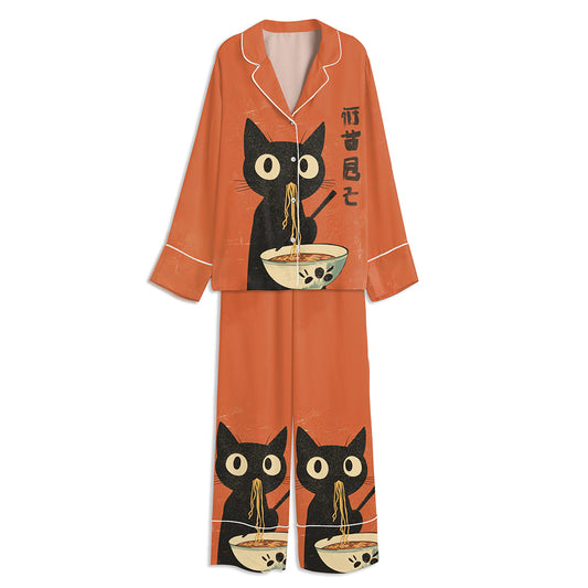 Hungry Black Cat Ramen Unisex Long Sleeve Satin Pajama Set