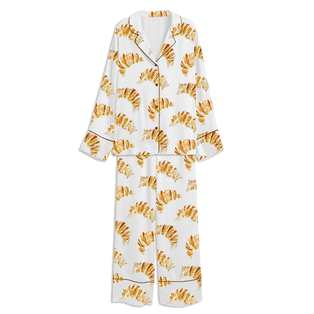 Cute Croissant Cats Cat Lovers Unisex Long Sleeve Satin Pajama Set