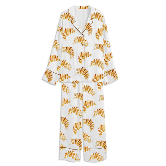 Cute Croissant Cats Cat Lovers Unisex Long Sleeve Satin Pajama Set