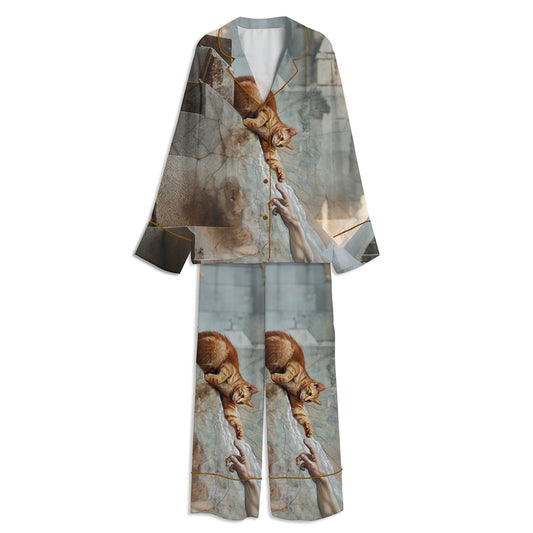 Cat Playing With God’s Hand Unisex Long Sleeve Satin Pajama Set