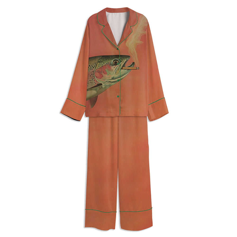 Trout Smoking A Cigarette Vintage Unisex Long Sleeve Satin Pajama Set