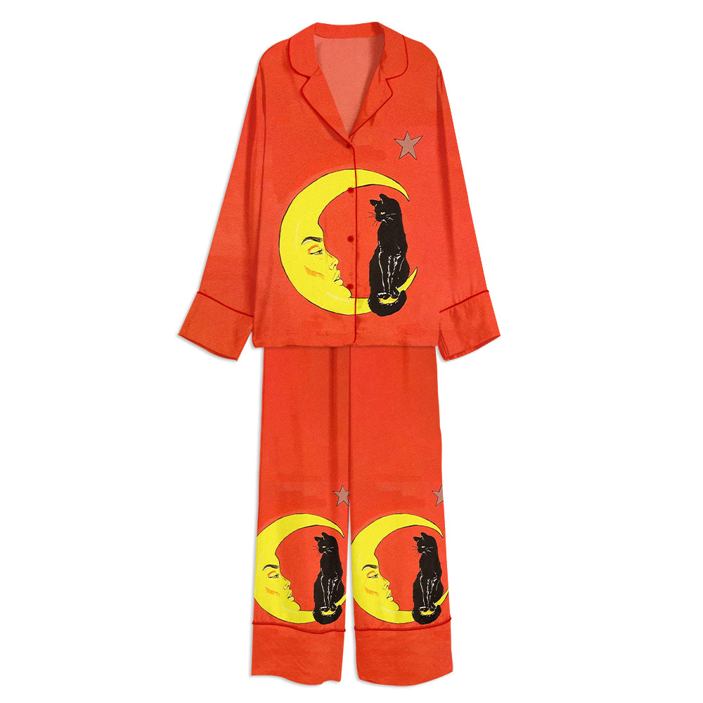 1917 Vintage Black Cat On Moon Unisex Long Sleeve Satin Pajama Set
