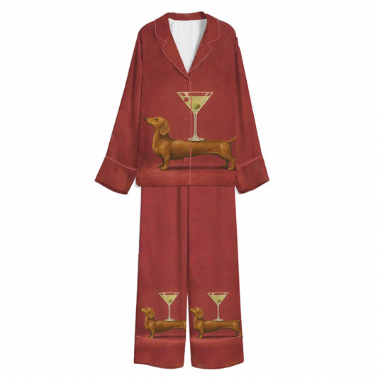 Tokyo-Mood Martini Dachshund Brick Red Unisex Long Sleeve Silky Satin Pajama Set