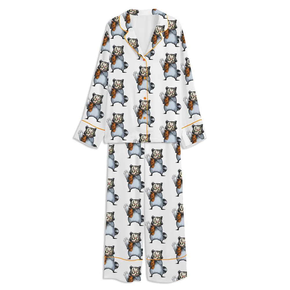 Raccoon Art Spooky Season Halloween Unisex Long Sleeve Satin Pajama Set