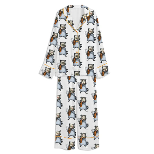 Raccoon Art Spooky Season Halloween Unisex Long Sleeve Satin Pajama Set