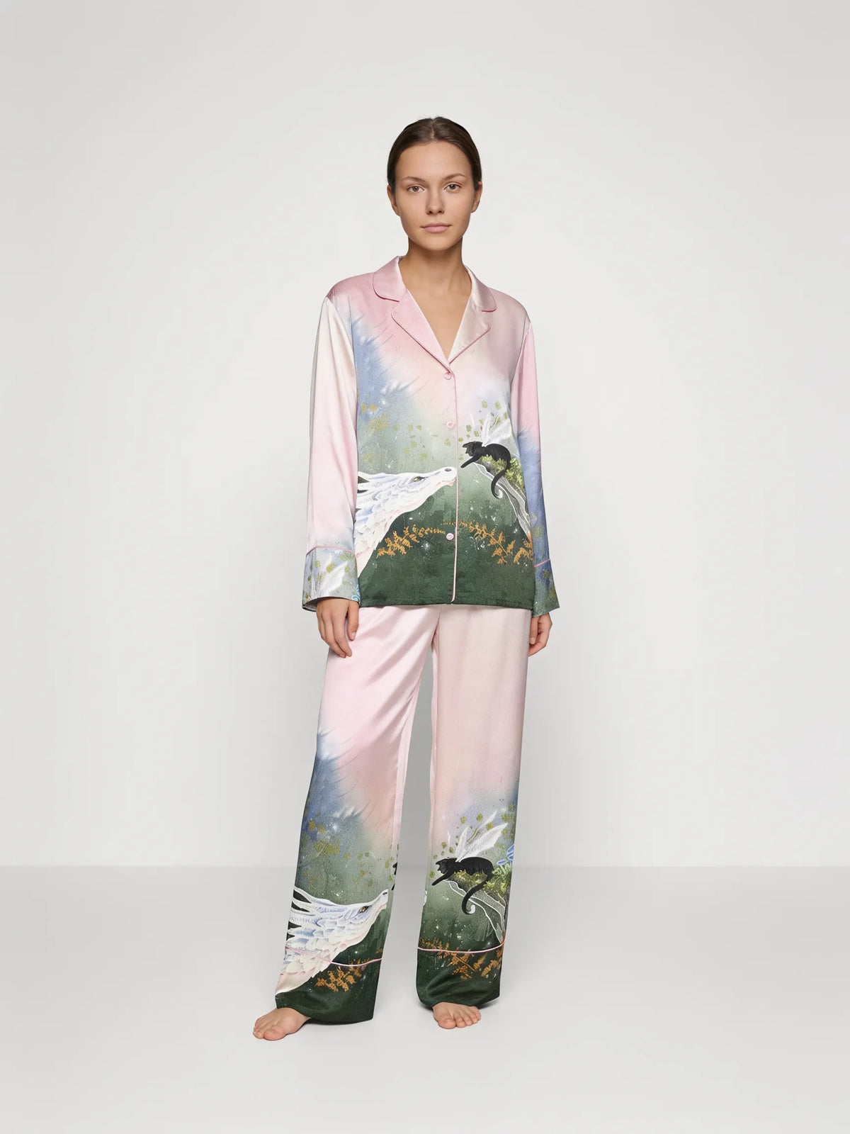 Tokyo-mood Dragon & Winged Cat Unisex Long Sleeve Silky Satin Pajama Set