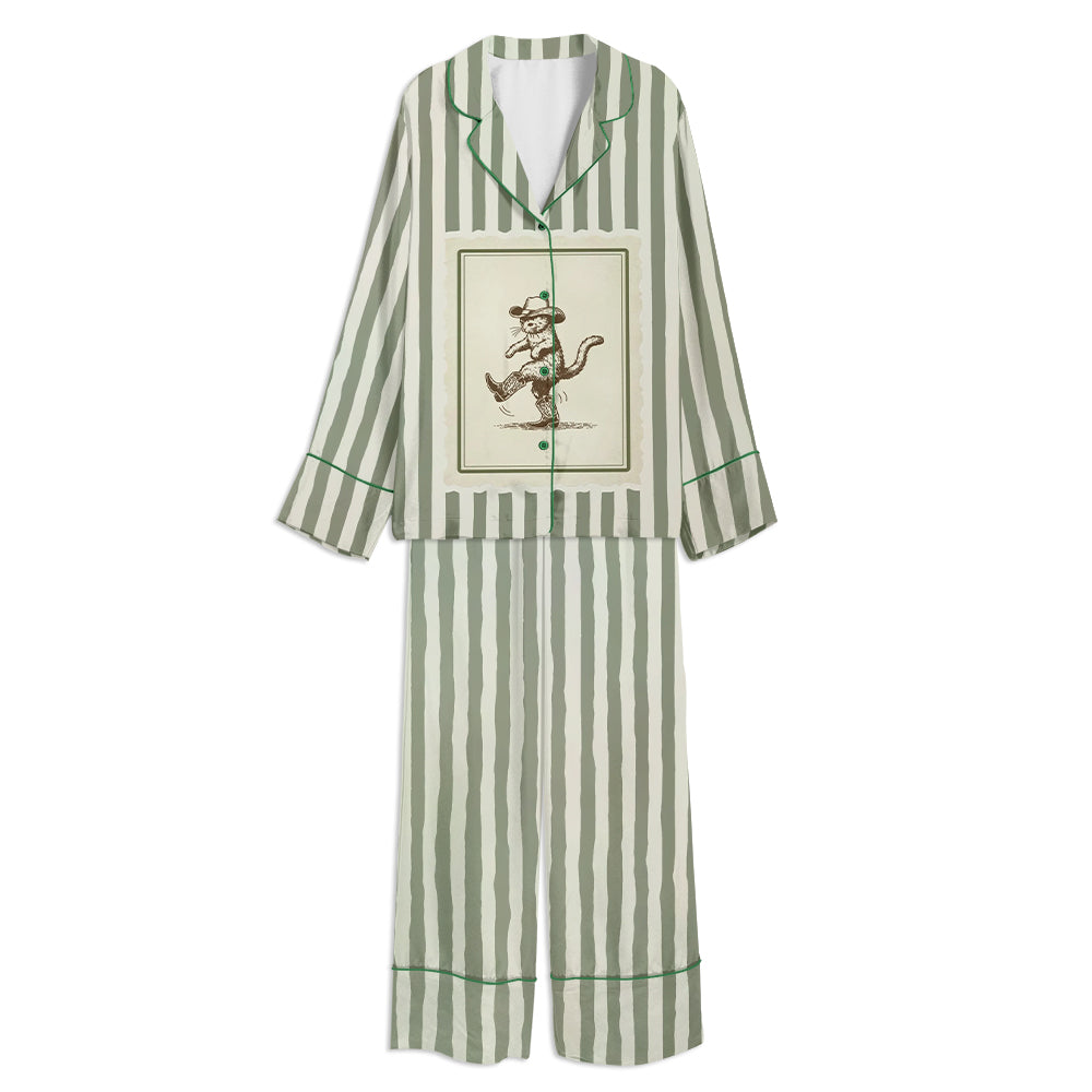 Cowboy Cat Vintage Western Unisex Long Sleeve Satin Pajama Set