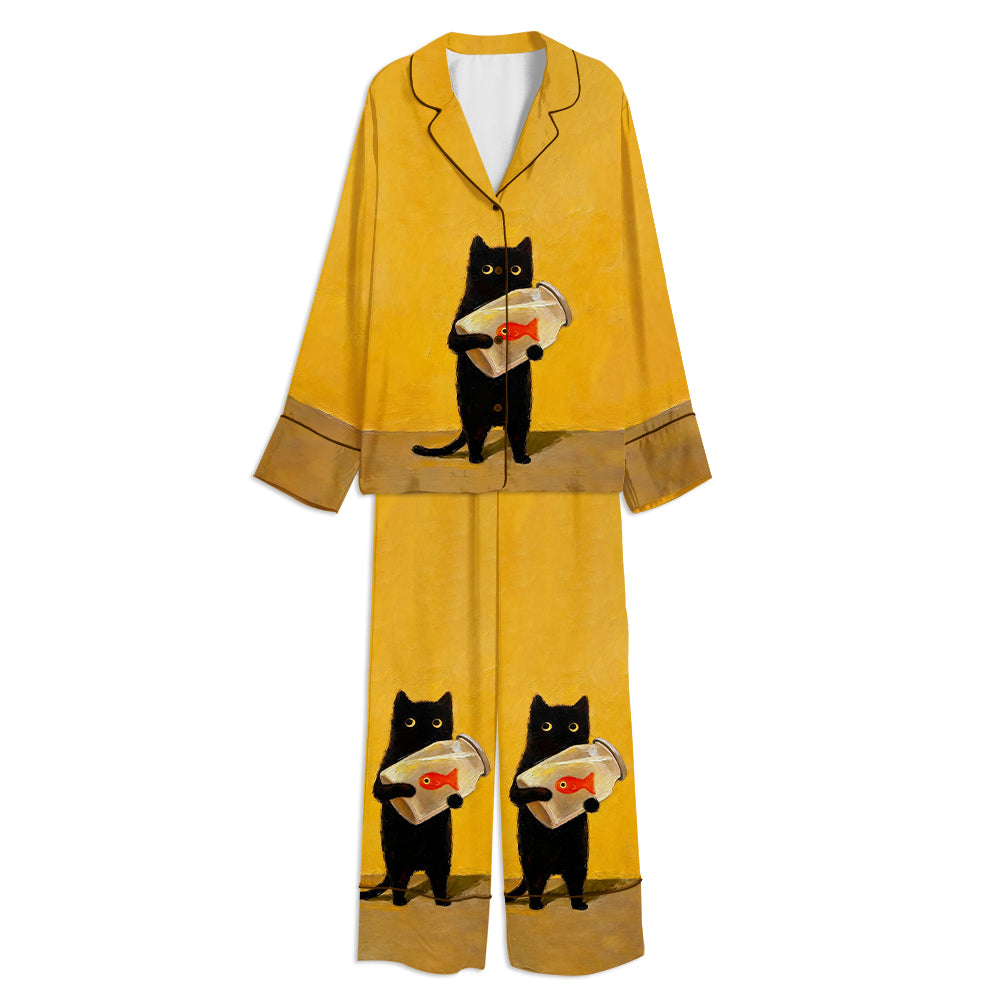 Black Cat With Fish Unisex Long Sleeve Satin Pajama Set