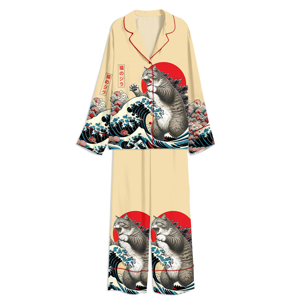 Catzilla Cat Japanese Art Retro Wave Unisex Long Sleeve Satin Pajama Set