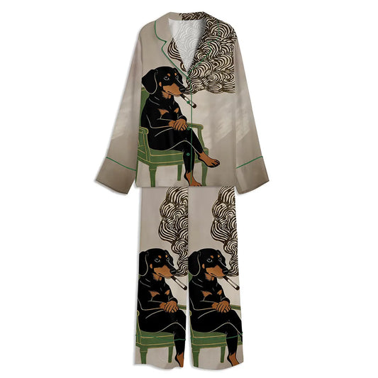 Dachshund Smoking A Cigarette Funny Wiener Dog Unisex Long Sleeve Satin Pajama Set
