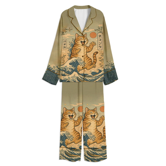 Catzilla Anime Japanese Style Unisex Long Sleeve Satin Pajama Set