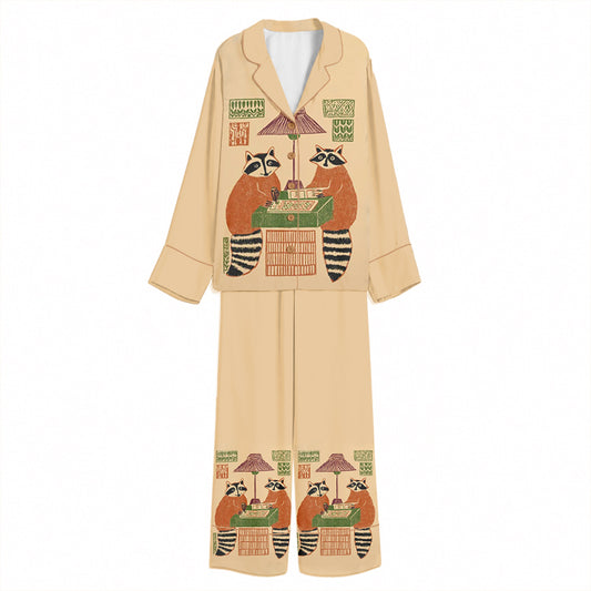 Tokyo-Mood Retro Record Shop Raccoon Duo Sand Beige Unisex Long Sleeve Silky Satin Pajama Set