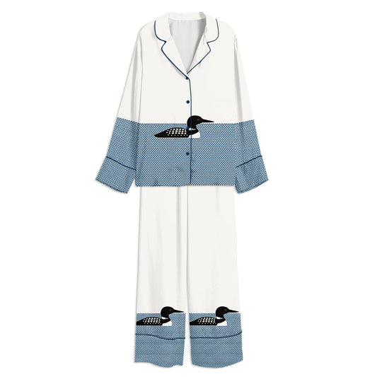 Tokyo-mood Minimalist Loon Black And White Water Bird Unisex Long Sleeve Silky Satin Pajama Set