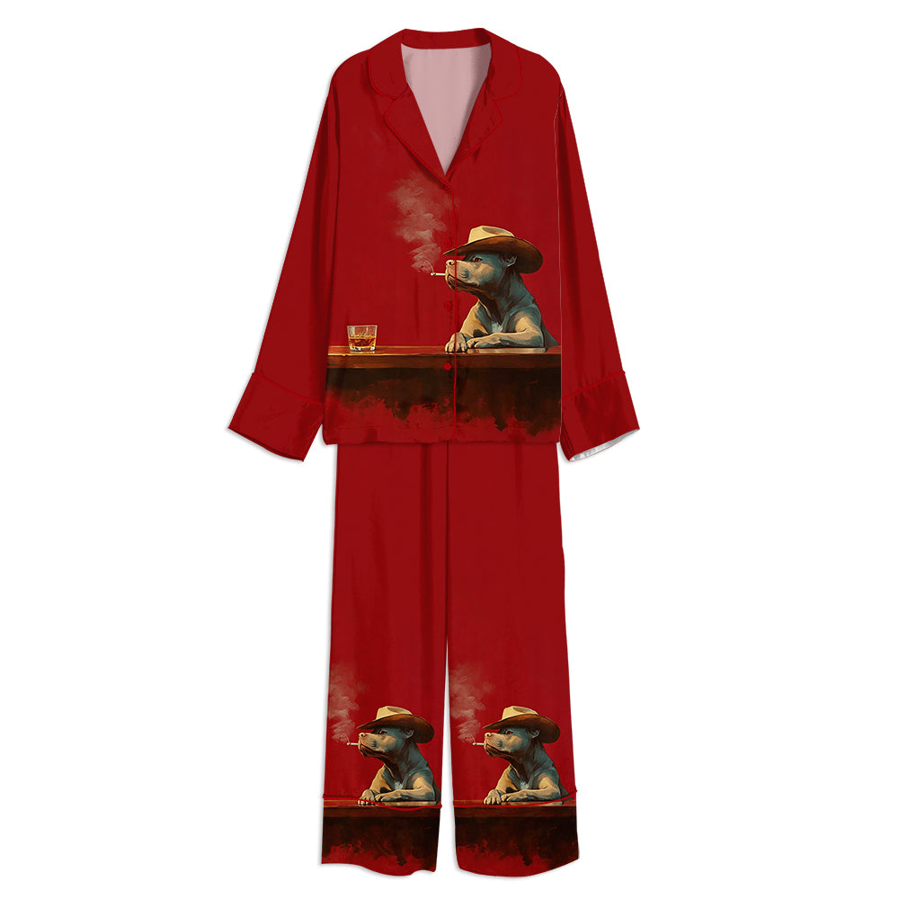 Tokyo-mood Cowboy Pitbull Smoking Unisex Long Sleeve Silky Satin Pajama Set