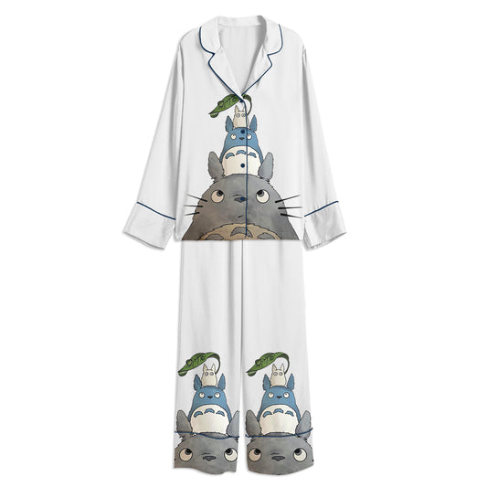 Totoro Studio Ghibli Print Japanese Anime Unisex Long Sleeve Satin Pajama Set