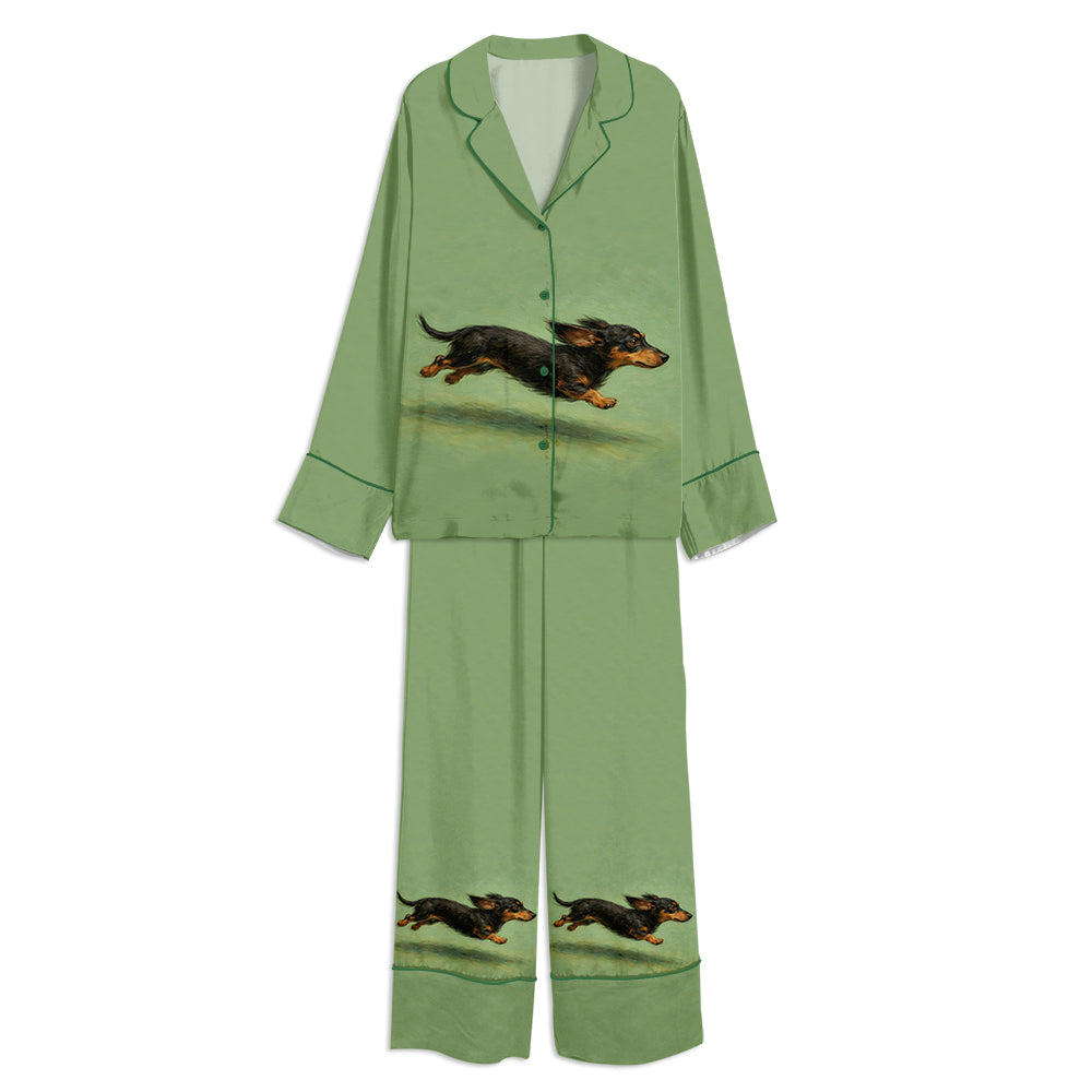 Tokyo-mood Dachshund With Zoomies Rustic Pet Weenie Unisex Long Sleeve Silky Satin Pajama Set