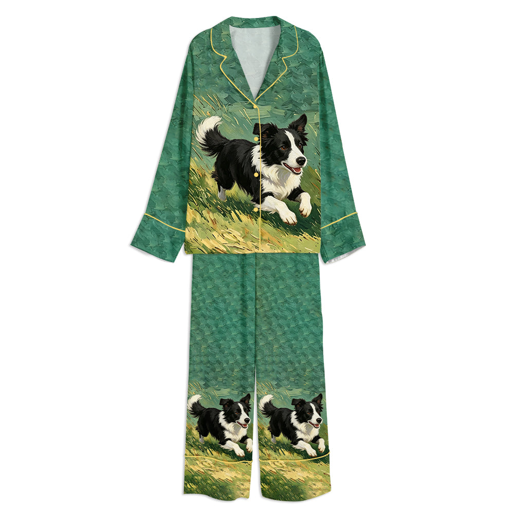 Tokyo-mood Border Collie Dog Running In Grass Unisex Long Sleeve Silky Satin Pajama Set
