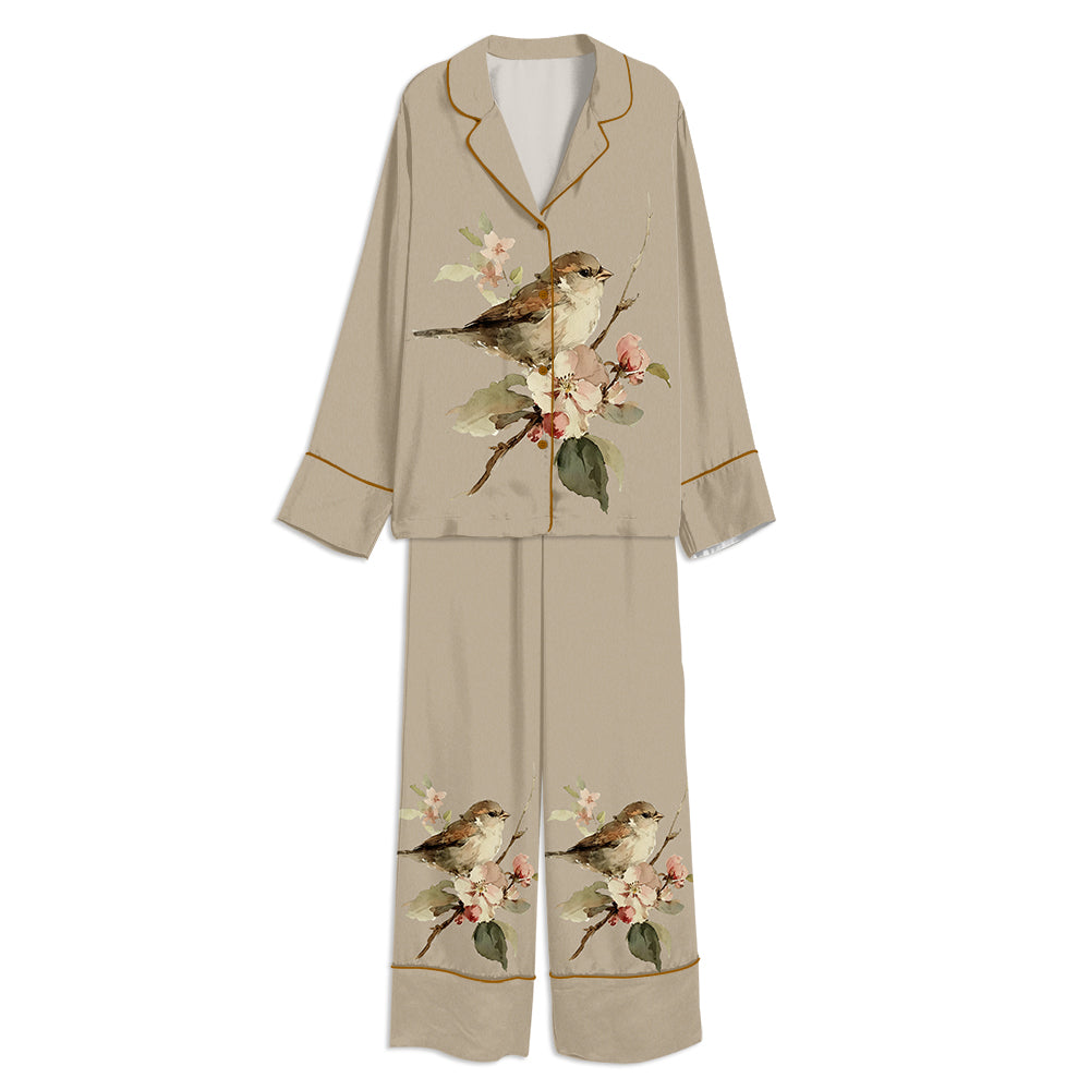 Tokyo-mood Vintage Sparrow And Blossoms Floral Bird Unisex Long Sleeve Silky Satin Pajama Set