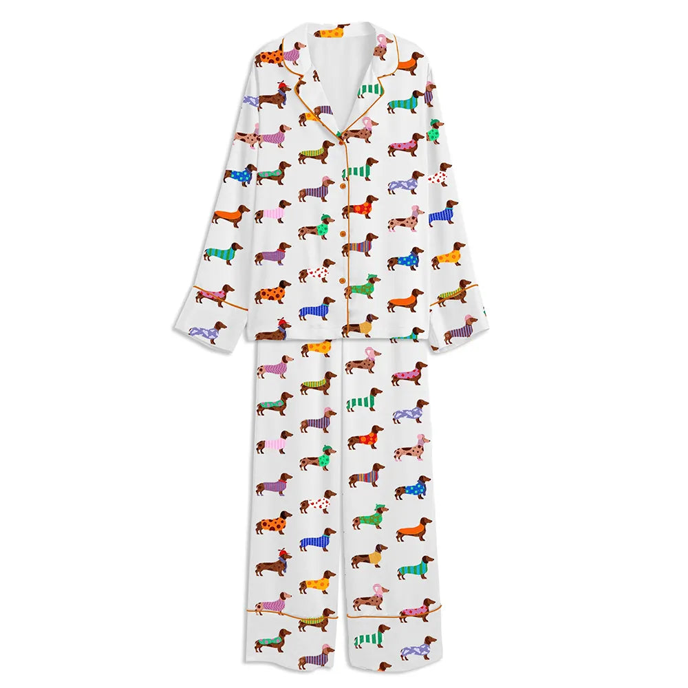Dachshund Cute Dog Unisex Long Sleeve Satin Pajama Set