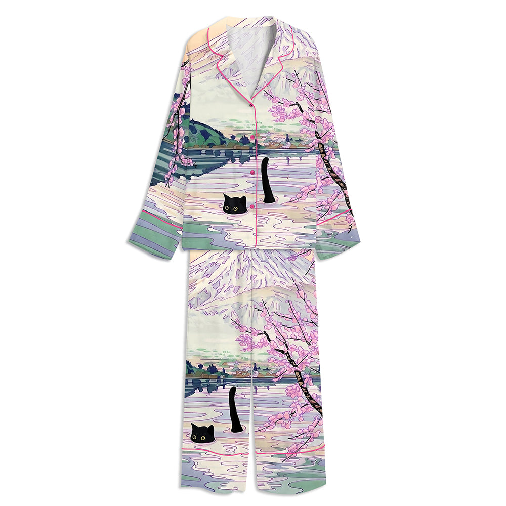 Cute Cat Under Spring Lake Fuji Mount Unisex Long Sleeve Satin Pajama Set