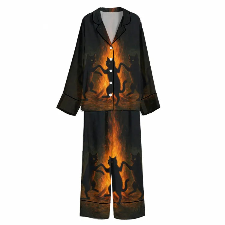Tokyo-Mood Halloween Firelight Dancing Black Cats Unisex Long Sleeve Silky Satin Pajama Set