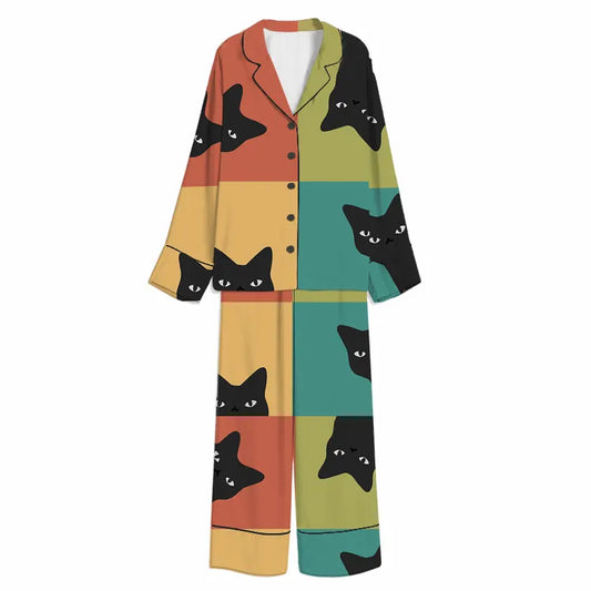 Tokyo-Mood Colorblock Peeking Black Cats Unisex Long Sleeve Silky Satin Pajama Set