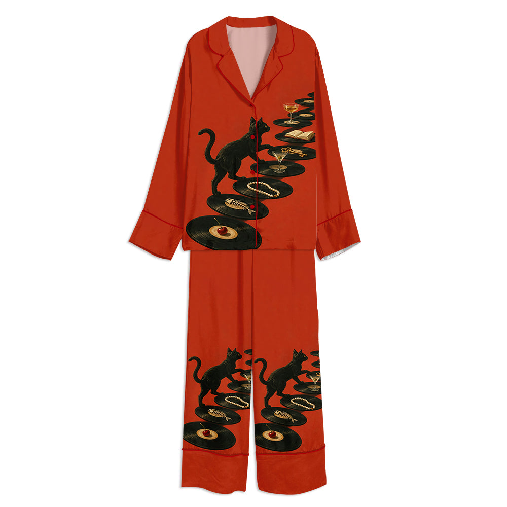 Tokyo-mood Black Cat Extra Dirty Martini Unisex Long Sleeve Silky Satin Pajama Set