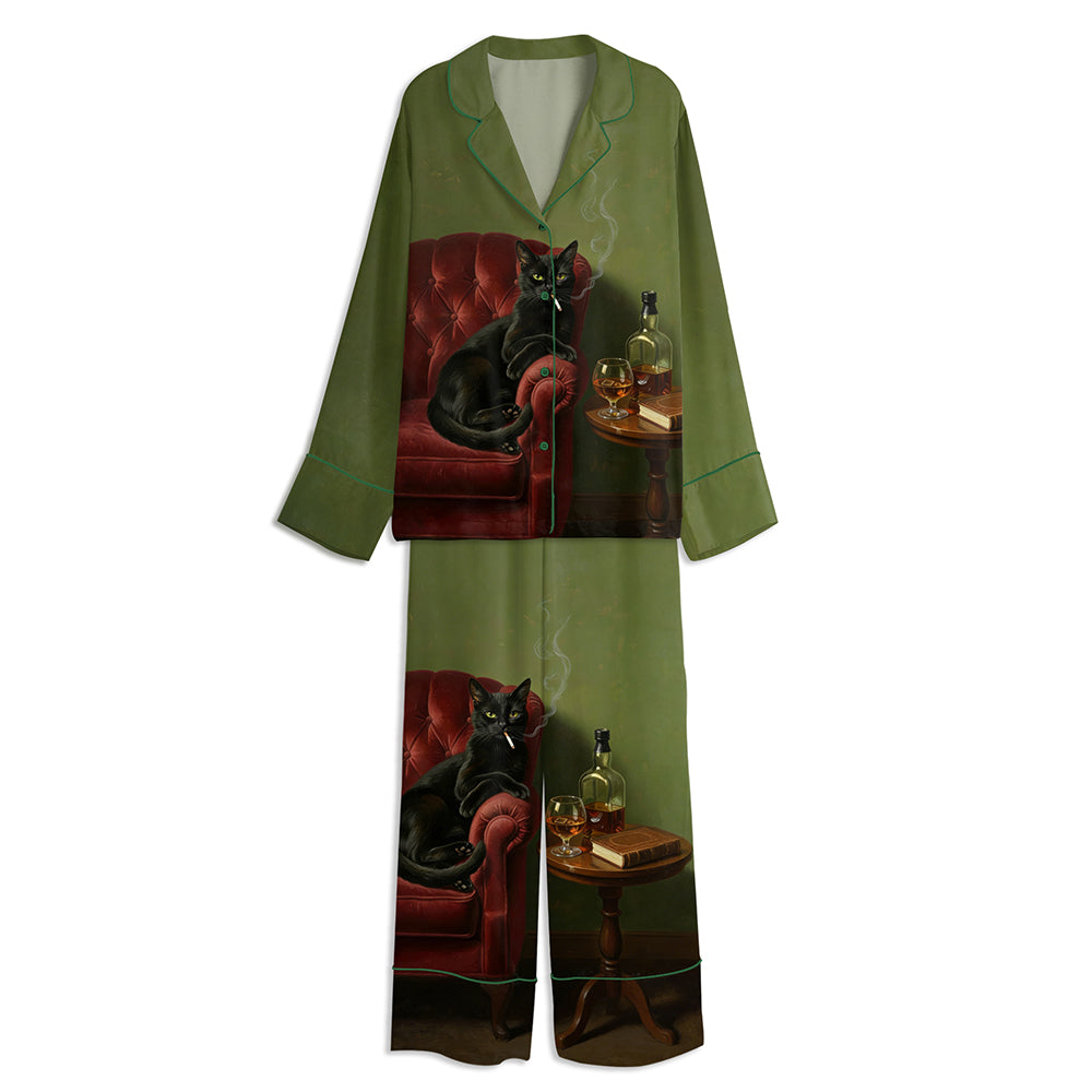 Black Cat Smoking Cigarette Red Chair Art Unisex Long Sleeve Satin Pajama Set