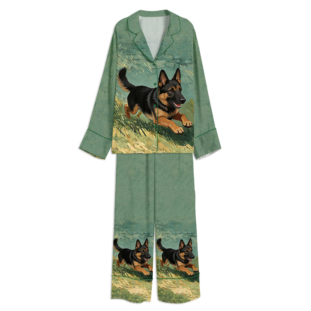 Tokyo-mood German Shepherd Dog Running In Grass Unisex Long Sleeve Silky Satin Pajama Set