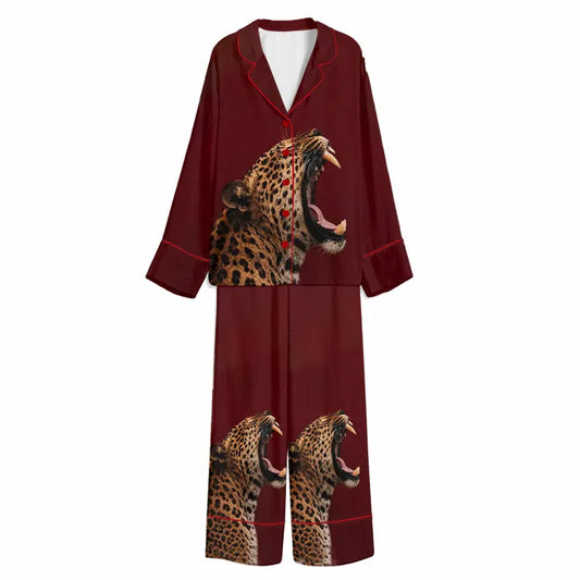 Tokyo-Mood Roaring Leopard Burgundy Unisex Long Sleeve Silky Satin Pajama Set