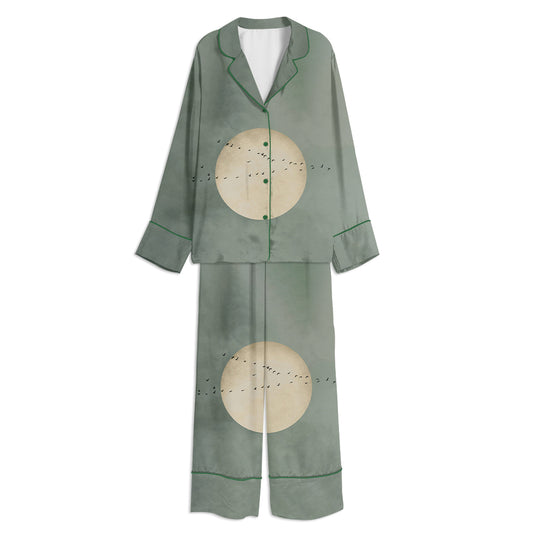 Sage Green Moon Japandi Flock Of Birds Unisex Long Sleeve Satin Pajama Set
