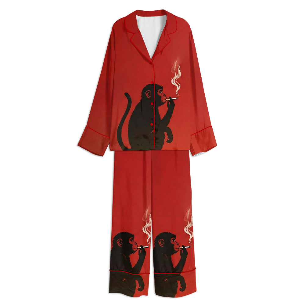 Monkey Smoking A Cigarette Unisex Long Sleeve Satin Pajama Set