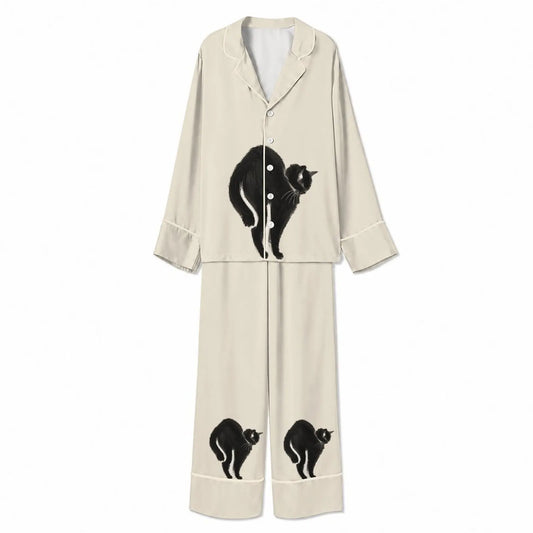 Tokyo-Mood Arched-Back Black Cat Ivory Unisex Long Sleeve Silky Satin Pajama Set