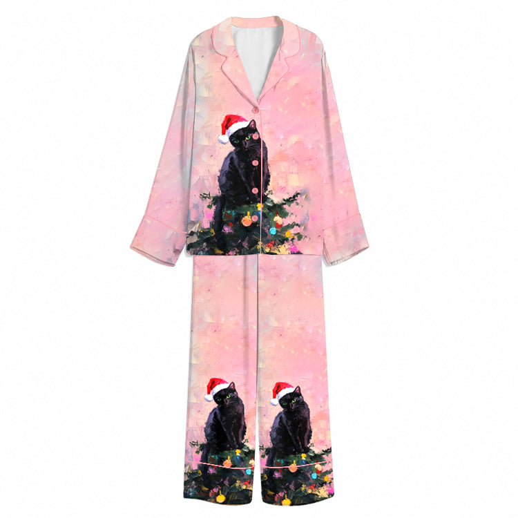 Tokyo-Mood Christmas Santa Hat Black Cat Garland Blush Pink Unisex Long Sleeve Silky Satin Pajama Set